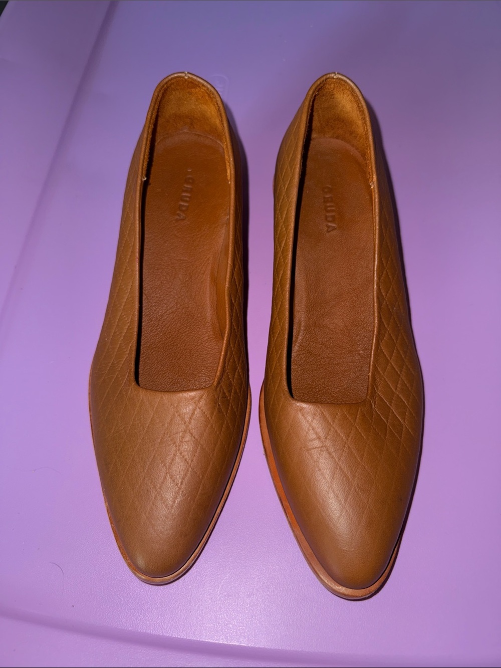 Quilted Tan Leather Pointed Flats